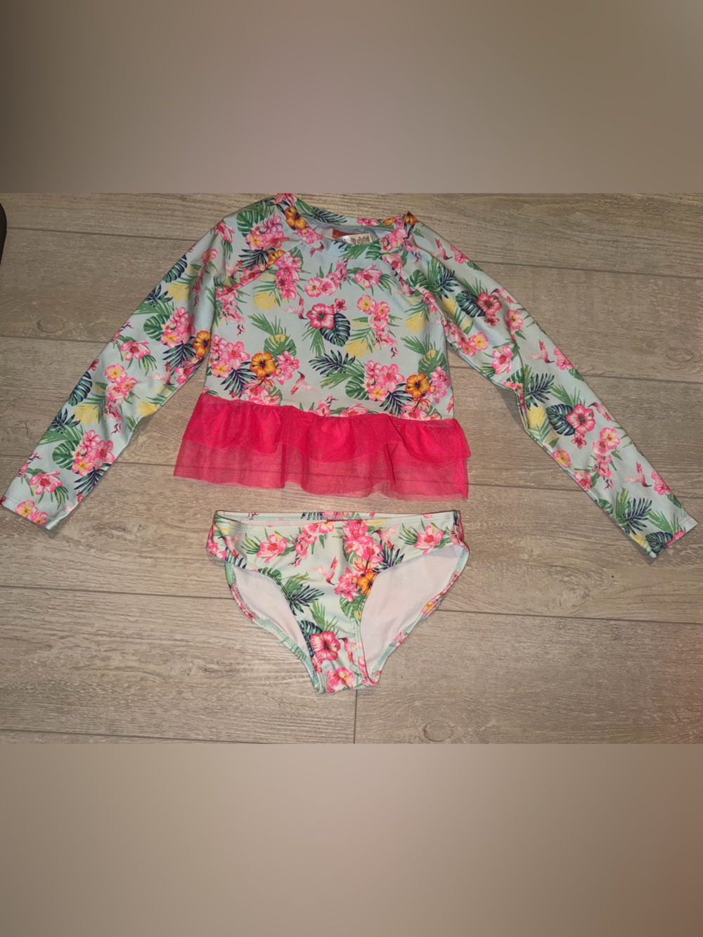 Kate Mack Mint Floral Long-Sleeve Rashguard Set with Pink Ruffle